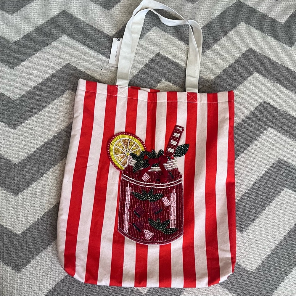 Anthropologie Red and White Striped Tote Bag with Beaded drink